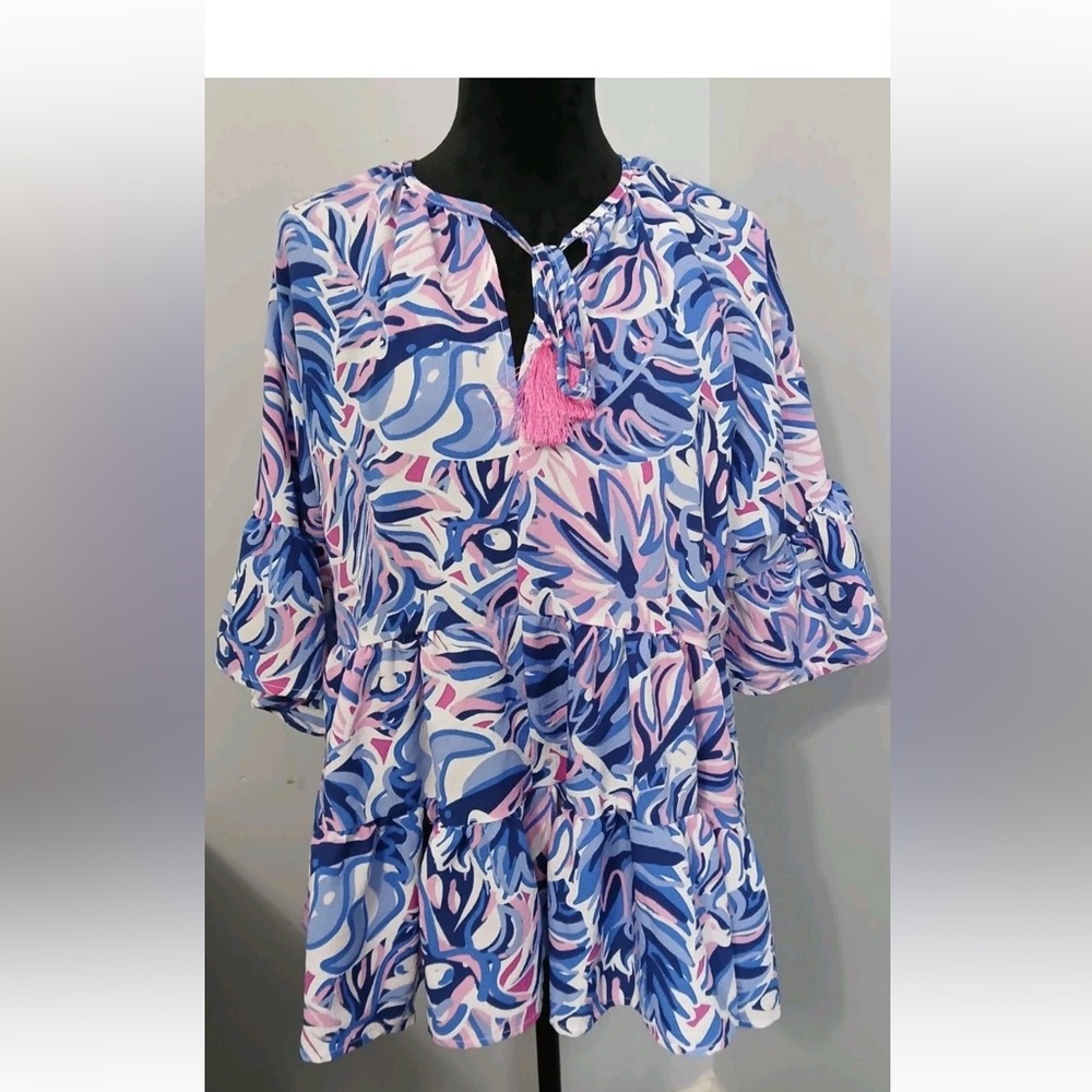 Simply Southern blue & pink blouse ruffled with tie in front